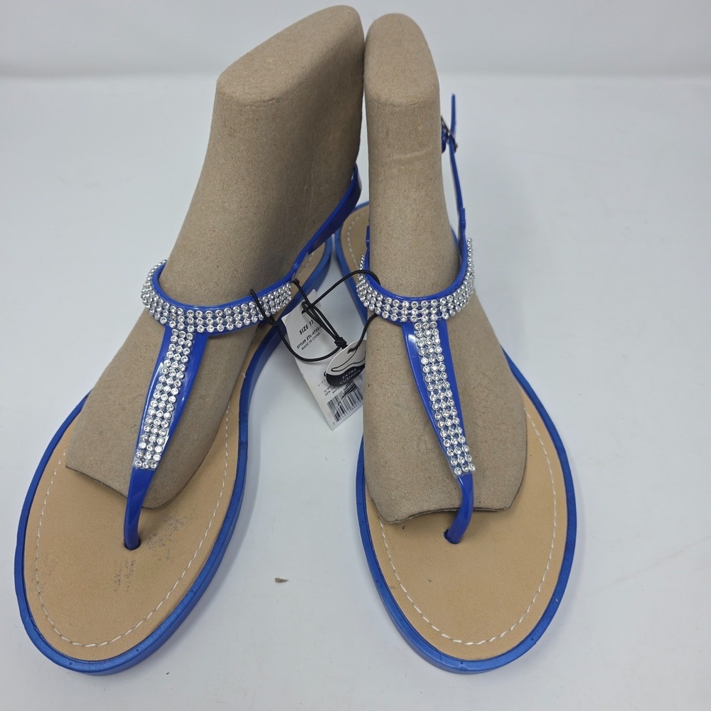 Chatties Thong Sandals Womens 11 Blue Rhinestones Ankle Strap Flat Open Toe NWT